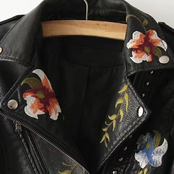 Faux Leather Floral Embroidered Jacket - Picture 3 of 8